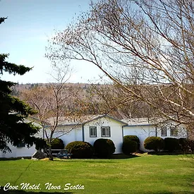 A motel surrounded by a spacious lawn, with trees providing a lush backdrop in the distance.